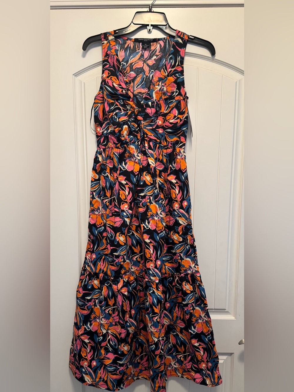 French Connection Navy Floral Sleeveless Midi Dress with Pink & Orange Accents